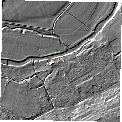 Shaded relief map of the ground around MK427FB, computed from Environment Agency LiDAR. The ground here sits at about 28 m above sea level and falls 11 m across the surrounding 800 m. Surface water reaching this point runs off ground lying to the south, 1.8 m higher.
