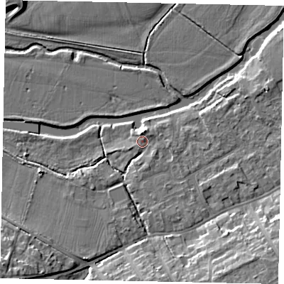 Shaded relief map of the ground around MK427FD, computed from Environment Agency LiDAR. The ground here sits at about 28 m above sea level and falls 11 m across the surrounding 800 m. Surface water reaching this point runs off ground lying to the south-east, 1.4 m higher.