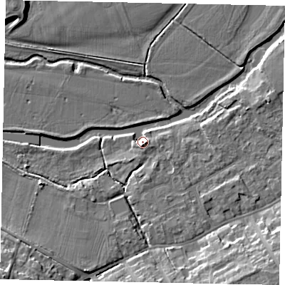 Shaded relief map of the ground around MK427FE, computed from Environment Agency LiDAR. The ground here sits at about 28 m above sea level and falls 11 m across the surrounding 800 m. Surface water reaching this point runs off ground lying to the east-south-east, 4.4 m higher.