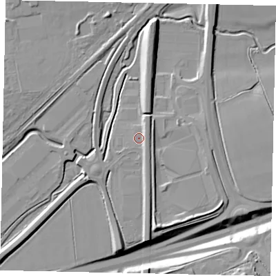 Shaded relief map of the ground around MK427GB, computed from Environment Agency LiDAR. The ground here sits at about 31 m above sea level and falls 12 m across the surrounding 800 m. Surface water reaching this point runs off ground lying to the east, 2.6 m higher.