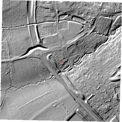 Shaded relief map of the ground around MK427GE, computed from Environment Agency LiDAR. The ground here sits at about 36 m above sea level and falls 12 m across the surrounding 800 m. Surface water reaching this point runs off ground lying to the west-north-west, 3.5 m higher.