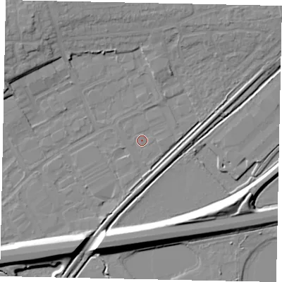 Shaded relief map of the ground around MK427HU, computed from Environment Agency LiDAR. The ground here sits at about 29 m above sea level and falls 10 m across the surrounding 800 m. Surface water reaching this point runs off ground lying to the south-south-west, 9.5 m higher.
