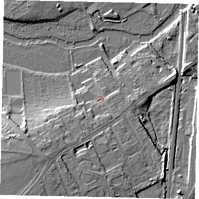 Shaded relief map of the ground around MK428AA, computed from Environment Agency LiDAR. The ground here sits at about 29 m above sea level and falls 15 m across the surrounding 800 m. Surface water reaching this point runs off ground lying to the south-west, 11.1 m higher.