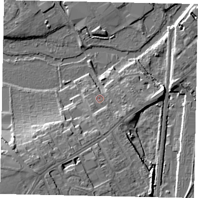 Shaded relief map of the ground around MK428DY, computed from Environment Agency LiDAR. The ground here sits at about 29 m above sea level and falls 15 m across the surrounding 800 m. Surface water reaching this point runs off ground lying to the south, 2.1 m higher.