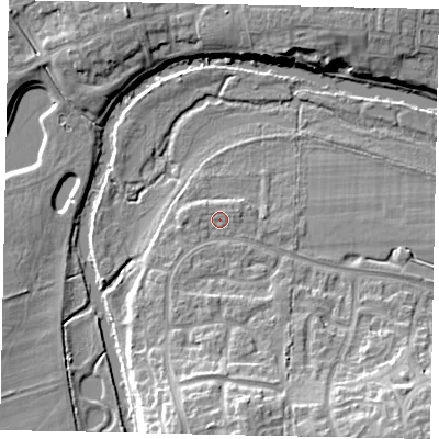 Shaded relief map of the ground around MK428PG, computed from Environment Agency LiDAR. The ground here sits at about 28 m above sea level and falls 14 m across the surrounding 800 m. Surface water reaching this point runs off ground lying to the south, 9.6 m higher.