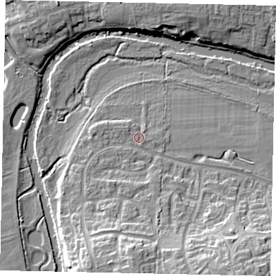 Shaded relief map of the ground around MK428QG, computed from Environment Agency LiDAR. The ground here sits at about 28 m above sea level and falls 14 m across the surrounding 800 m. Surface water reaching this point runs off ground lying to the south, 10.0 m higher.