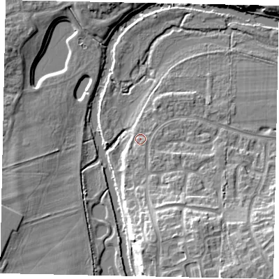 Shaded relief map of the ground around MK428RX, computed from Environment Agency LiDAR. The ground here sits at about 29 m above sea level and falls 15 m across the surrounding 800 m. Surface water reaching this point runs off ground lying to the south-south-east, 1.7 m higher.