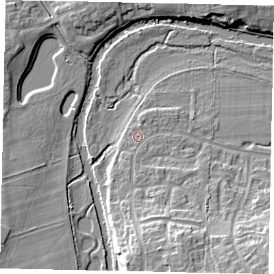 Shaded relief map of the ground around MK428RY, computed from Environment Agency LiDAR. The ground here sits at about 28 m above sea level and falls 14 m across the surrounding 800 m. Surface water reaching this point runs off ground lying to the south-south-east, 9.3 m higher.