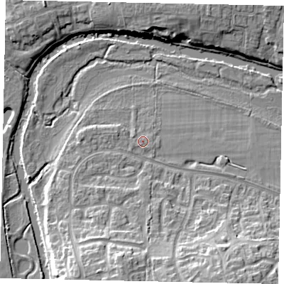 Shaded relief map of the ground around MK428RZ, computed from Environment Agency LiDAR. The ground here sits at about 28 m above sea level and falls 14 m across the surrounding 800 m. Surface water reaching this point runs off ground lying to the south, 9.7 m higher.