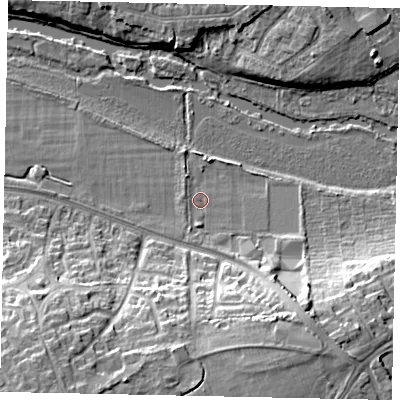 Shaded relief map of the ground around MK428SZ, computed from Environment Agency LiDAR. The ground here sits at about 27 m above sea level and falls 15 m across the surrounding 800 m. Surface water reaching this point runs off ground lying to the south, 2.0 m higher.