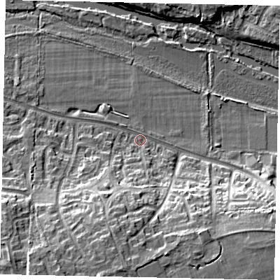 Shaded relief map of the ground around MK428TP, computed from Environment Agency LiDAR. The ground here sits at about 29 m above sea level and falls 16 m across the surrounding 800 m. Surface water reaching this point runs off ground lying to the south-south-west, 12.6 m higher.