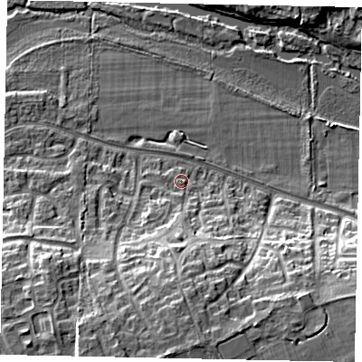 Shaded relief map of the ground around MK428WA, computed from Environment Agency LiDAR. The ground here sits at about 29 m above sea level and falls 16 m across the surrounding 800 m. Surface water reaching this point runs off ground lying to the south, 7.4 m higher.