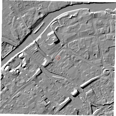 Shaded relief map of the ground around MK429AB, computed from Environment Agency LiDAR. The ground here sits at about 27 m above sea level and falls 8 m across the surrounding 800 m. Surface water reaching this point runs off ground lying to the west-south-west, 2.6 m higher.