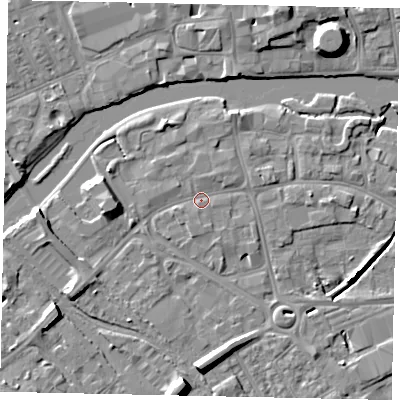 Shaded relief map of the ground around MK429AD, computed from Environment Agency LiDAR. The ground here sits at about 27 m above sea level and falls 9 m across the surrounding 800 m. Surface water reaching this point runs off ground lying to the north-east, 1.0 m higher.