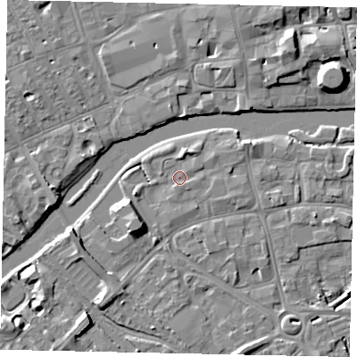 Shaded relief map of the ground around MK429AH, computed from Environment Agency LiDAR. The ground here sits at about 27 m above sea level and falls 9 m across the surrounding 800 m. Surface water reaching this point runs off ground lying to the south-west, 4.1 m higher.