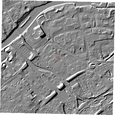 Shaded relief map of the ground around MK429AN, computed from Environment Agency LiDAR. The ground here sits at about 27 m above sea level and falls 8 m across the surrounding 800 m. Surface water reaching this point runs off ground lying to the south-south-east, 6.5 m higher.