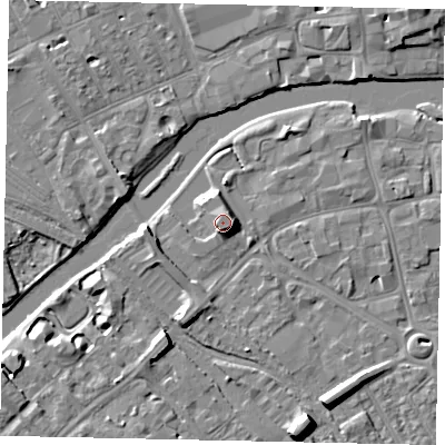 Shaded relief map of the ground around MK429AP, computed from Environment Agency LiDAR. The ground here sits at about 30 m above sea level and falls 8 m across the surrounding 800 m. Surface water reaching this point runs off ground lying to the south-east, 3.3 m higher.