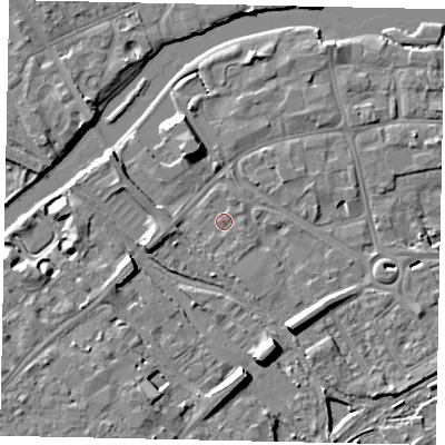 Shaded relief map of the ground around MK429AQ, computed from Environment Agency LiDAR. The ground here sits at about 27 m above sea level and falls 8 m across the surrounding 800 m. Surface water reaching this point runs off ground lying to the south-south-west, 0.8 m higher.