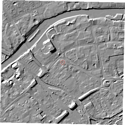 Shaded relief map of the ground around MK429AS, computed from Environment Agency LiDAR. The ground here sits at about 27 m above sea level and falls 8 m across the surrounding 800 m. Surface water reaching this point runs off ground lying to the north-north-west, 0.5 m higher.