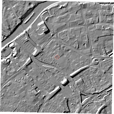 Shaded relief map of the ground around MK429AT, computed from Environment Agency LiDAR. The ground here sits at about 27 m above sea level and falls 8 m across the surrounding 800 m. Surface water reaching this point runs off ground lying to the west, 0.6 m higher.
