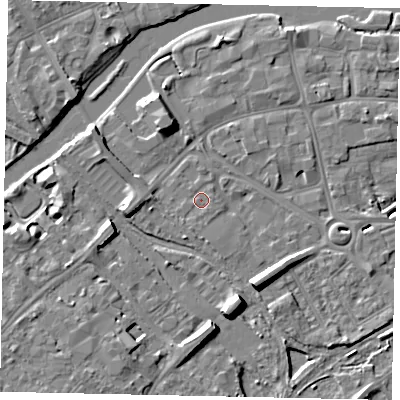 Shaded relief map of the ground around MK429AU, computed from Environment Agency LiDAR. The ground here sits at about 27 m above sea level and falls 8 m across the surrounding 800 m. Surface water reaching this point runs off ground lying to the south-west, 0.8 m higher.