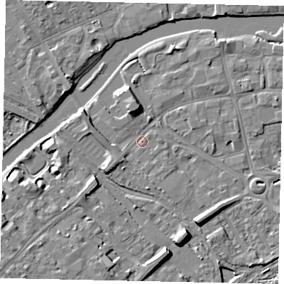 Shaded relief map of the ground around MK429AW, computed from Environment Agency LiDAR. The ground here sits at about 27 m above sea level and falls 8 m across the surrounding 800 m. Surface water reaching this point runs off ground lying to the south-west, 4.2 m higher.