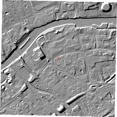 Shaded relief map of the ground around MK429BA, computed from Environment Agency LiDAR. The ground here sits at about 27 m above sea level and falls 9 m across the surrounding 800 m. Surface water reaching this point runs off ground lying to the north-east, 1.1 m higher.