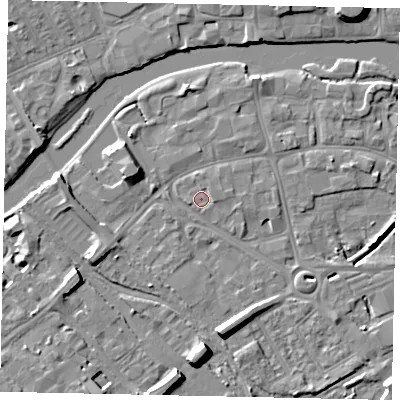 Shaded relief map of the ground around MK429BB, computed from Environment Agency LiDAR. The ground here sits at about 27 m above sea level and falls 9 m across the surrounding 800 m. Surface water reaching this point runs off ground lying to the east, 0.8 m higher.