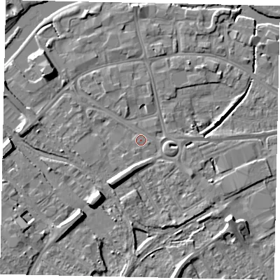 Shaded relief map of the ground around MK429BJ, computed from Environment Agency LiDAR. The ground here sits at about 27 m above sea level and falls 9 m across the surrounding 800 m. Surface water reaching this point runs off ground lying to the south-south-west, 5.6 m higher.