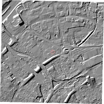 Shaded relief map of the ground around MK429BP, computed from Environment Agency LiDAR. The ground here sits at about 27 m above sea level and falls 9 m across the surrounding 800 m. Surface water reaching this point runs off ground lying to the south, 3.4 m higher.