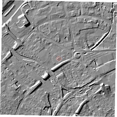 Shaded relief map of the ground around MK429BT, computed from Environment Agency LiDAR. The ground here sits at about 27 m above sea level and falls 8 m across the surrounding 800 m. Surface water reaching this point runs off ground lying to the south-south-west, 6.1 m higher.