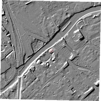 Shaded relief map of the ground around MK429BX, computed from Environment Agency LiDAR. The ground here sits at about 28 m above sea level and falls 8 m across the surrounding 800 m. Surface water reaching this point runs off ground lying to the south-south-west, 5.3 m higher.