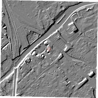 Shaded relief map of the ground around MK429BY, computed from Environment Agency LiDAR. The ground here sits at about 28 m above sea level and falls 9 m across the surrounding 800 m. Surface water reaching this point runs off ground lying to the south-west, 5.2 m higher.