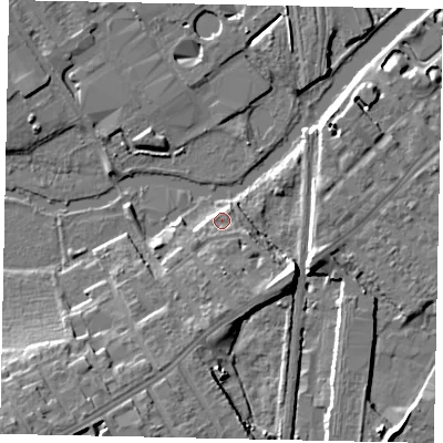 Shaded relief map of the ground around MK429DD, computed from Environment Agency LiDAR. The ground here sits at about 28 m above sea level and falls 13 m across the surrounding 800 m. Surface water reaching this point runs off ground lying to the south-east, 3.4 m higher.