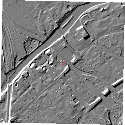 Shaded relief map of the ground around MK429DN, computed from Environment Agency LiDAR. The ground here sits at about 28 m above sea level and falls 9 m across the surrounding 800 m. Surface water reaching this point runs off ground lying to the south-west, 7.5 m higher.