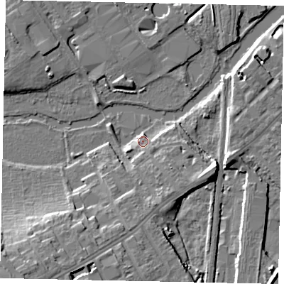 Shaded relief map of the ground around MK429EE, computed from Environment Agency LiDAR. The ground here sits at about 28 m above sea level and falls 14 m across the surrounding 800 m. Surface water reaching this point runs off ground lying to the east-south-east, 8.8 m higher.