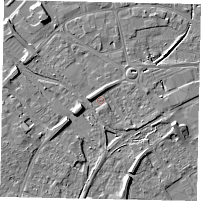 Shaded relief map of the ground around MK429EN, computed from Environment Agency LiDAR. The ground here sits at about 27 m above sea level and falls 8 m across the surrounding 800 m. Surface water reaching this point runs off ground lying to the west-north-west, 5.2 m higher.