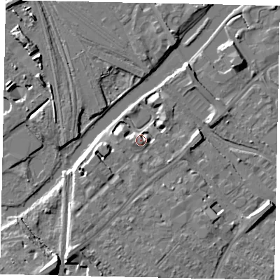 Shaded relief map of the ground around MK429EX, computed from Environment Agency LiDAR. The ground here sits at about 29 m above sea level and falls 9 m across the surrounding 800 m. Surface water reaching this point runs off ground lying to the south-west, 5.2 m higher.