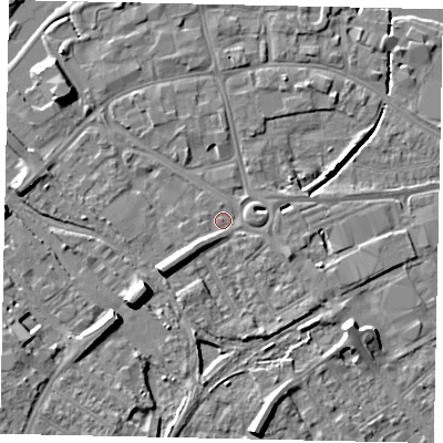 Shaded relief map of the ground around MK429EY, computed from Environment Agency LiDAR. The ground here sits at about 27 m above sea level and falls 9 m across the surrounding 800 m. Surface water reaching this point runs off ground lying to the south-west, 5.6 m higher.