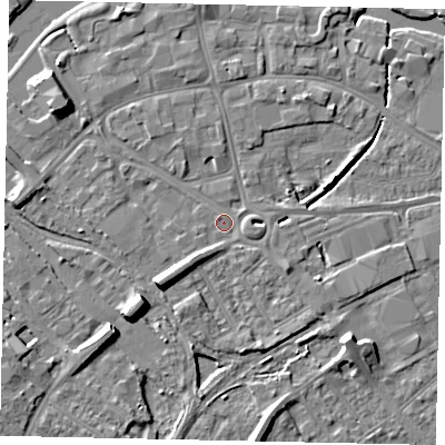 Shaded relief map of the ground around MK429EZ, computed from Environment Agency LiDAR. The ground here sits at about 26 m above sea level and falls 9 m across the surrounding 800 m. Surface water reaching this point runs off ground lying to the south-west, 5.6 m higher.