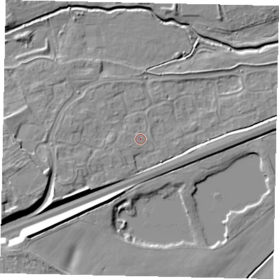 Shaded relief map of the ground around MK429FZ, computed from Environment Agency LiDAR. The ground here sits at about 28 m above sea level and falls 9 m across the surrounding 800 m. Surface water reaching this point runs off ground lying to the west-south-west, 0.9 m higher.