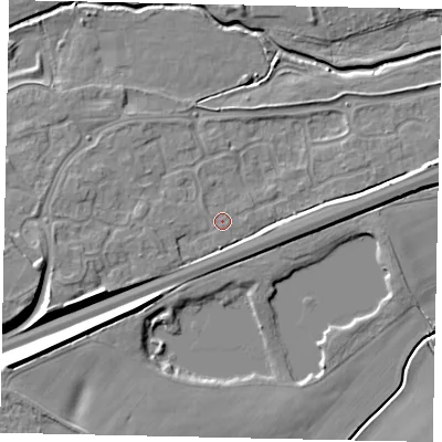 Shaded relief map of the ground around MK429GA, computed from Environment Agency LiDAR. The ground here sits at about 28 m above sea level and falls 9 m across the surrounding 800 m. Surface water reaching this point runs off ground lying to the west, 1.5 m higher.
