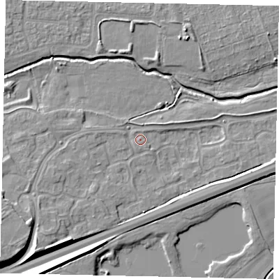 Shaded relief map of the ground around MK429GB, computed from Environment Agency LiDAR. The ground here sits at about 28 m above sea level and falls 9 m across the surrounding 800 m. Surface water reaching this point runs off ground lying to the east-south-east, 3.1 m higher.