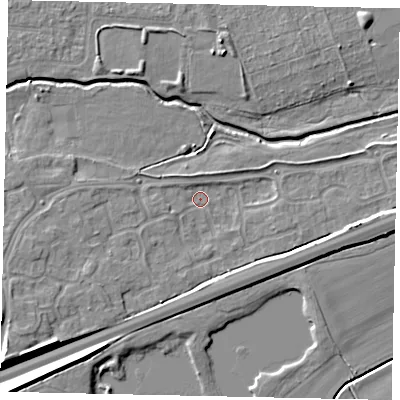 Shaded relief map of the ground around MK429GD, computed from Environment Agency LiDAR. The ground here sits at about 27 m above sea level and falls 8 m across the surrounding 800 m. Surface water reaching this point runs off ground lying to the east, 3.5 m higher.