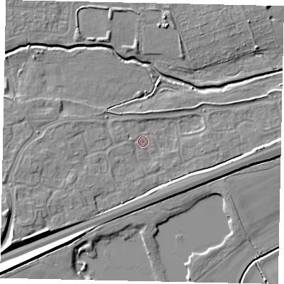Shaded relief map of the ground around MK429GE, computed from Environment Agency LiDAR. The ground here sits at about 28 m above sea level and falls 8 m across the surrounding 800 m. Surface water reaching this point runs off ground lying to the east, 3.5 m higher.