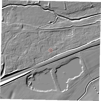 Shaded relief map of the ground around MK429GF, computed from Environment Agency LiDAR. The ground here sits at about 28 m above sea level and falls 8 m across the surrounding 800 m. Surface water reaching this point runs off ground lying to the east-north-east, 3.2 m higher.