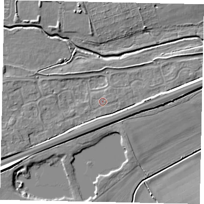 Shaded relief map of the ground around MK429GG, computed from Environment Agency LiDAR. The ground here sits at about 28 m above sea level and falls 7 m across the surrounding 800 m. Surface water reaching this point runs off ground lying to the east, 3.2 m higher.