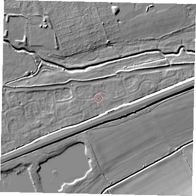 Shaded relief map of the ground around MK429GH, computed from Environment Agency LiDAR. The ground here sits at about 28 m above sea level and falls 6 m across the surrounding 800 m. Surface water reaching this point runs off ground lying to the south-south-east, 2.2 m higher.
