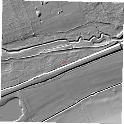 Shaded relief map of the ground around MK429GL, computed from Environment Agency LiDAR. The ground here sits at about 28 m above sea level and falls 10 m across the surrounding 800 m. Surface water reaching this point runs off ground lying to the south-east, 3.1 m higher.