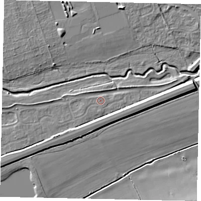 Shaded relief map of the ground around MK429GN, computed from Environment Agency LiDAR. The ground here sits at about 28 m above sea level and falls 7 m across the surrounding 800 m. Surface water reaching this point runs off ground lying to the north-west, 1.4 m higher.